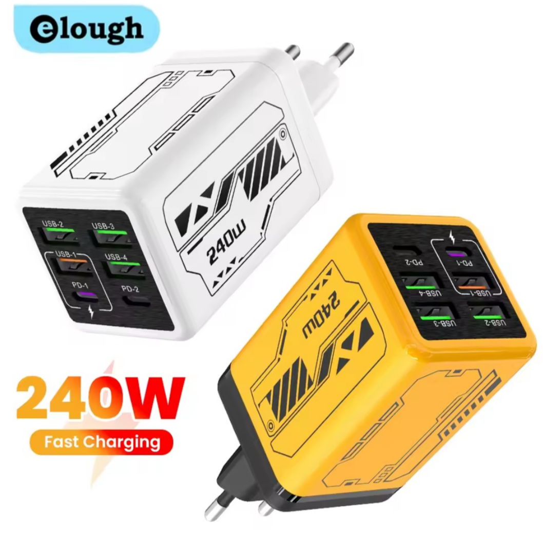 "Cargador Rápido 240W Glough – 6 Puertos en 1"